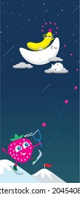 Vector illustration. Strawberry rolls with a winter mountain skiing and shoots strawberry in a banana that lies on the moon