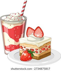 Vector illustration of strawberry shortcake on a plate beside a layered fruit smoothie drink