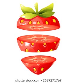 Vector illustration of a strawberry sliced into segments, showing the fruit’s structure. The bright red color, green leaves, and yellow seeds create an appetizing image.