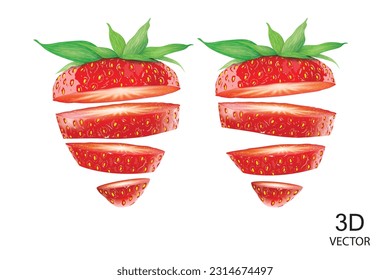 vector illustration strawberry slices flying isolated on the white background,use for realistic and fresh strawberry fruits concept.