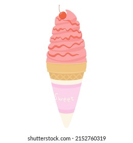 Vector illustration of strawberry soft serve ice cream with cherry.