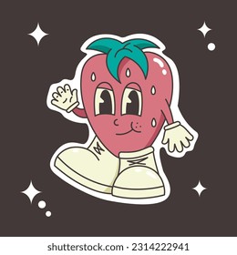 Vector illustration of strawberry sticker on a dark background with stars in groovy style. Illustration for web projects.