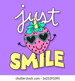 VECTOR ILLUSTRATION OF A STRAWBERRY WITH SUNGLASSES, SLOGAN PRINT