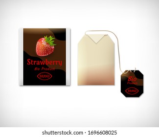 Vector illustration. Strawberry Tea Bag with Label. Sign Strawberry Bio Product. 