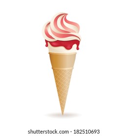 Vector illustration of strawberry vanilla ice cream cone, isolated on white background