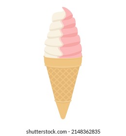 Vector illustration of strawberry vanilla swirl soft serve ice cream cone isolated on background.