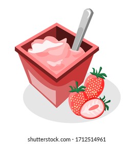 Vector illustration of a strawberry yogurt in a square cup and a full strawberry and cut into pieces