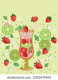 Vector illustration of strawberry-mint cocktail in a glass goblet "Hurricane" on a soft green background