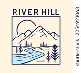 vector illustration stream of river with boulders, mountains and pine trees. Simple hand drawn line art sketch for T-Shirt, poster, logo template.