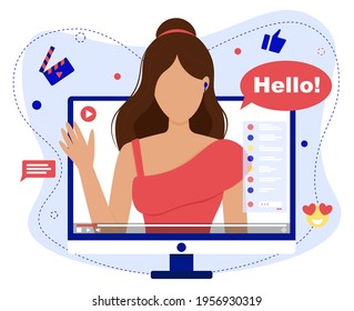 Vector illustration of streaming. Live video. Girl is going online. Social network. Blogging. Influencer. Girl in the laptop. Girl in the computer. Online life. Channel. Online communication.
