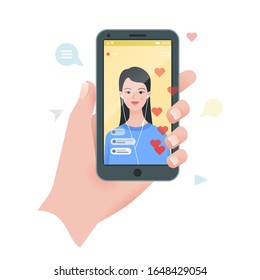 Vector illustration of streaming or video chatting concept. Hand holding smartphone with blogger girl on screen.