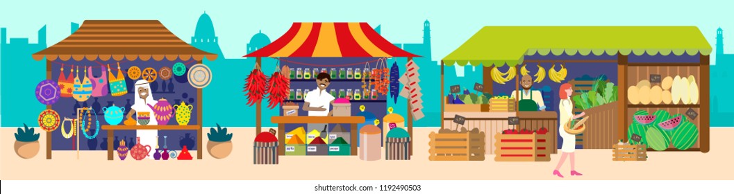 Vector Illustration Of Street Asian Market With Sellers. Souvenirs, Pottery, Spices, Jewelry, Fruits And Vegetables. Flat Vector Illustration.