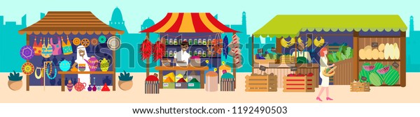 Vector illustration of street asian market\
with sellers. Souvenirs, pottery, spices, jewelry, fruits and\
vegetables. Flat vector\
illustration.