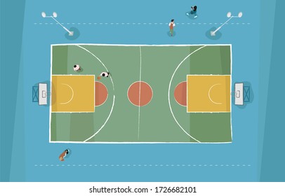 Vector illustration of street basketball court, top view. Sports in the park. Flat lay art vector.