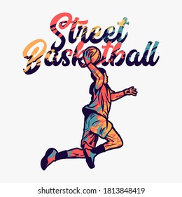 vector illustration street basketball with man doing slam dunk when playing basketball vector artwork