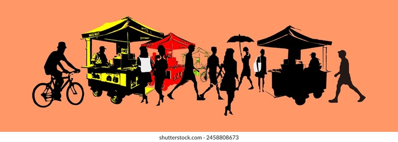 Vector illustration of street burger seller and pedestrians in the city