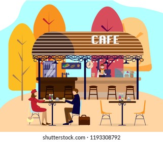 Vector illustration of street cafe in autumn season. Street cafe with water in a park. Couple in a cafe. Cafe table and chairs. Autumn trees.