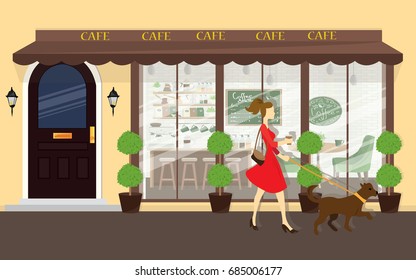 Vector illustration of street cafe building facade with the walking woman. Color cafe front.