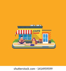 Vector illustration of street cafe, Street Cafe. Coffee shop. City cafe. Urban spring summer landscape. Flat design concept.