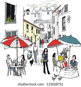 Vector illustration of street cafe and diners, Monchique, Portugal.