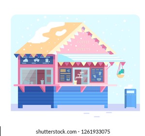 Vector illustration of street cafe in flat style. Coffee and sweets shop in winter. Fast food shop with menu board and decorations.