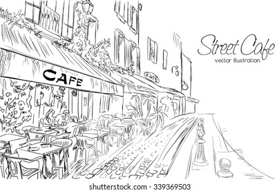 Vector Illustration Of Street Cafe In Modern City In Doodle Style