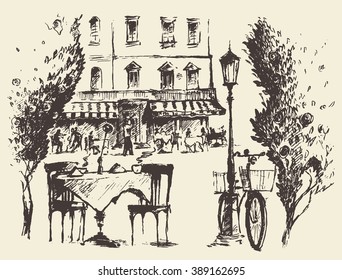 Vector illustration of a street cafe in Paris, sketch