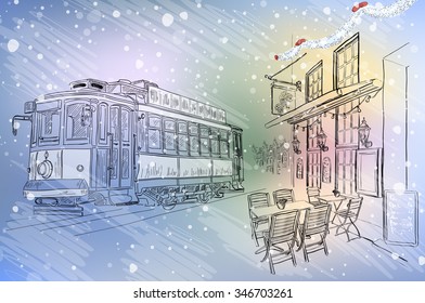 Vector illustration of Street cafe and tram on Christmas City