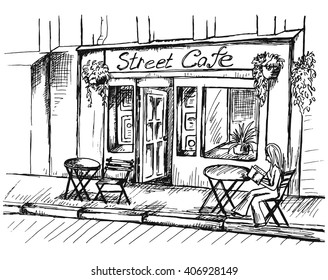 Vector illustration of street cafe with visitor in modern city in sketch style