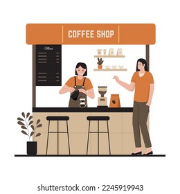 Vector illustration of street coffee shop with women barista making coffee. Illustration for website, landing page, mobile app, poster and banner. Trendy flat vector illustration