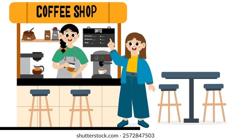 Vector illustration of street coffee shop with barista making coffee. Vector illustration of street coffee shop with women barista making coffee.