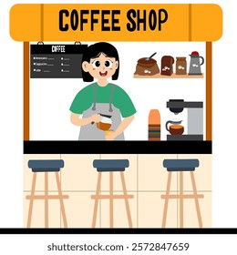 Vector illustration of street coffee shop with barista making coffee. Vector illustration of street coffee shop with women barista making coffee.