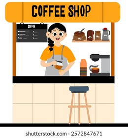 Vector illustration of street coffee shop with barista making coffee. Vector illustration of street coffee shop with women barista making coffee.