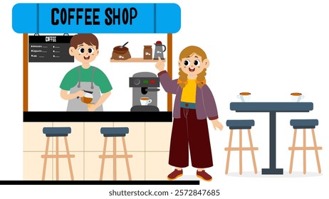 Vector illustration of street coffee shop with barista making coffee. Vector illustration of street coffee shop with men barista making coffee.