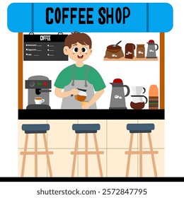 Vector illustration of street coffee shop with barista making coffee. Vector illustration of street coffee shop with men barista making coffee.