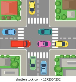 Vector illustration of street crossing in city. street top view with cars and roads, houses and trees. Crossroad concept in flat cartoon style.