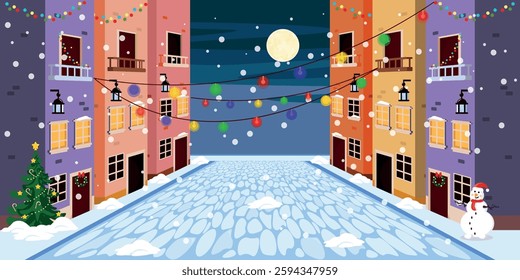 Vector illustration of a street decorated for the holidays. Cartoon scene of winter landscape of a night street with houses, road, shining garlands, snowman, Christmas tree,snowfall.New Year holidays.