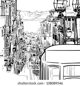 Vector illustration of the street drawn in sketch style on a white background. Quiet street with a tram in a Mediterranean town. Lisbon street.