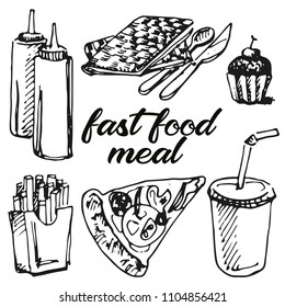 Vector illustration of street fast food set.  Pizza meal with muffin, french fries and drink to go