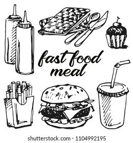 Vector illustration of street fast food set.  Burger meal with muffin, french fries and drink to go