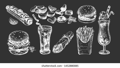 Vector illustration of street fast food collection set. Burger, double hamburger, hotdog, French fries, chicken nuggets, cola, milk shake, ice cream, burrito roll. On black board chalk hand drawing