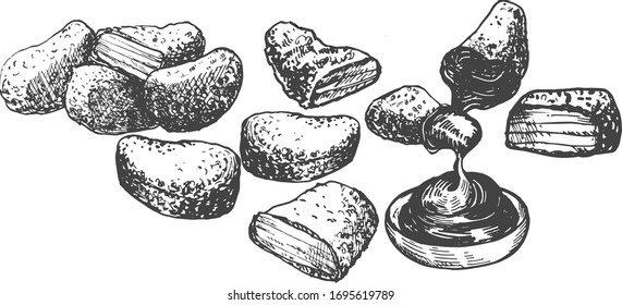 Vector illustration of street fast food chicken nuggets. Snack with a sauce in a vintage hand drawn engraving style.