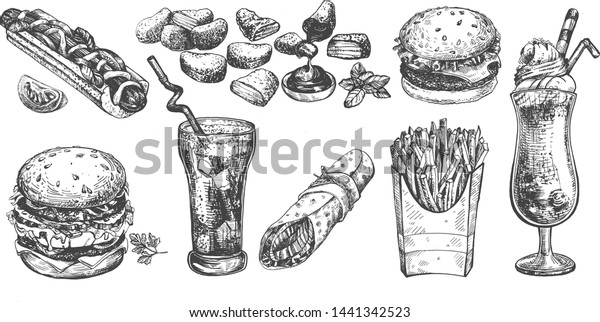 ストリートファストフードコレクションセットのベクターイラスト ハンバーガー ダブルハンバーガー ホットドッグ フライドポテト チキンナゲットとソース コーラ ミルクシェイク アイスクリーム ブリトロール ビンテージ手描きのスタイル のベクター画像素材