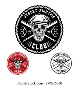 Vector illustration street fighting club emblem with skull, brass knuckles, bats, chain and cap.