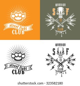 Vector illustration street fighting club emblems with skull, brass knuckles, razors and inscription. "Street fighting club. Warrior 13."