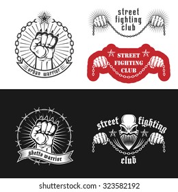 Vector illustration street fighting club emblems with skull, brass knuckles, stars and inscriptions. "Street fighting club. Urban warrior. Ghetto warrior."