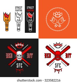 Vector illustration street fighting club emblems with broken bottle, skull, bits, brass knuckles and inscriptions. "Street fighting club 13. Red bit 1969."