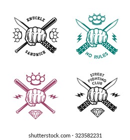 Vector illustration street fighting club emblems with fist, knife, brass knuckles, bits and inscriptions. "Street fighting club. Knuckle sandwich. No rules."