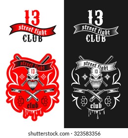 Vector illustration street fighting club emblem with skull, brass knuckles, razors, stars and inscription. "Street fighting club 13."