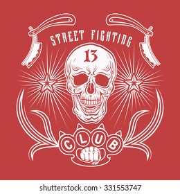 Vector illustration street fighting club emblem with skull, brass knuckles, razors, stars and inscription. "Street fighting club 13".